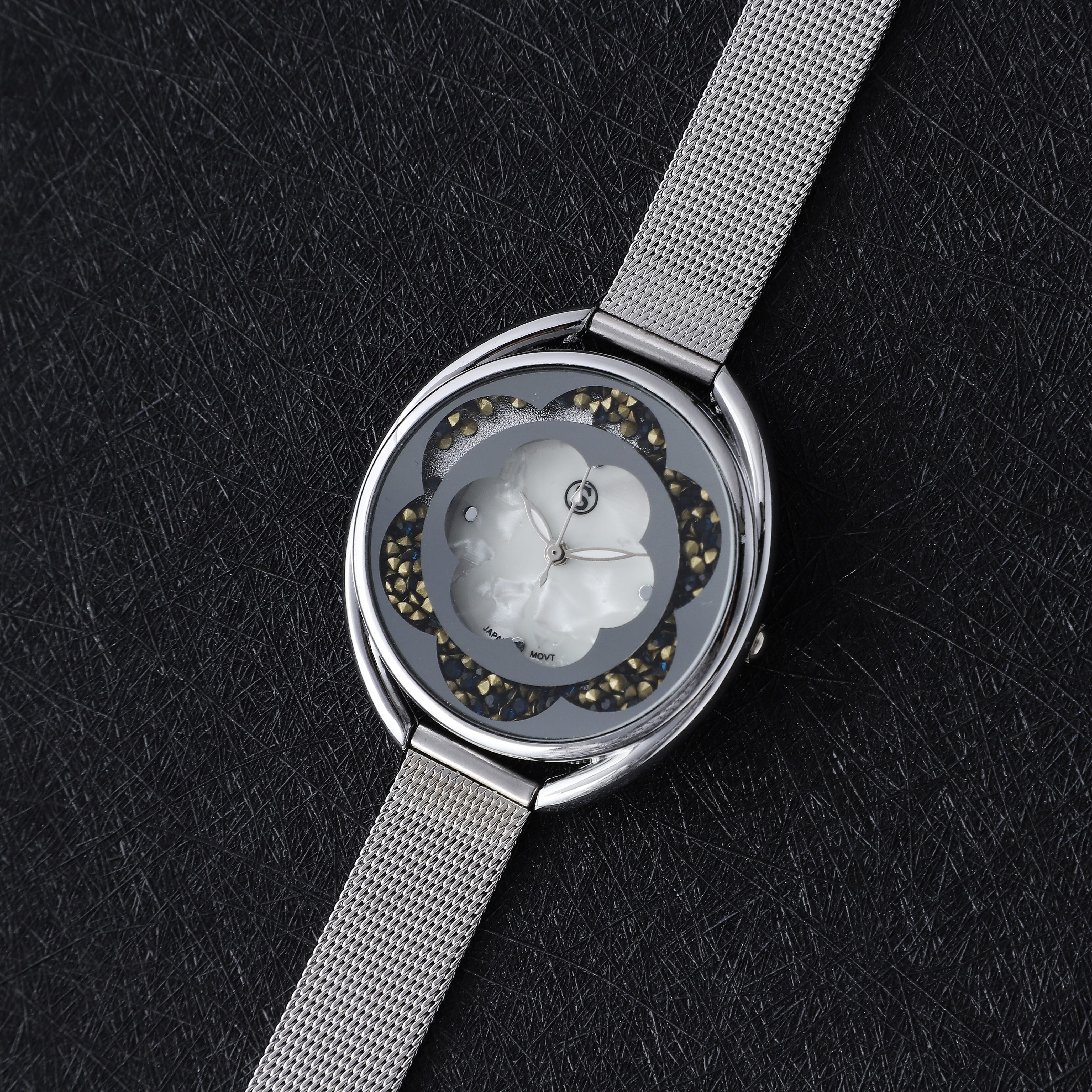 STRADA Japanese Movement White Dial Blue Crystal Studded Water Resistant Watch with Silver Colour Mesh Belt