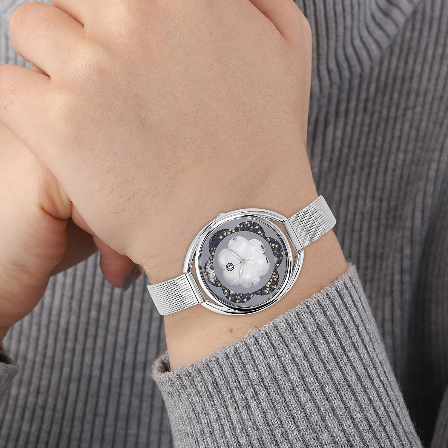 STRADA Japanese Movement White Dial Blue Crystal Studded Water Resistant Watch with Silver Colour Mesh Belt