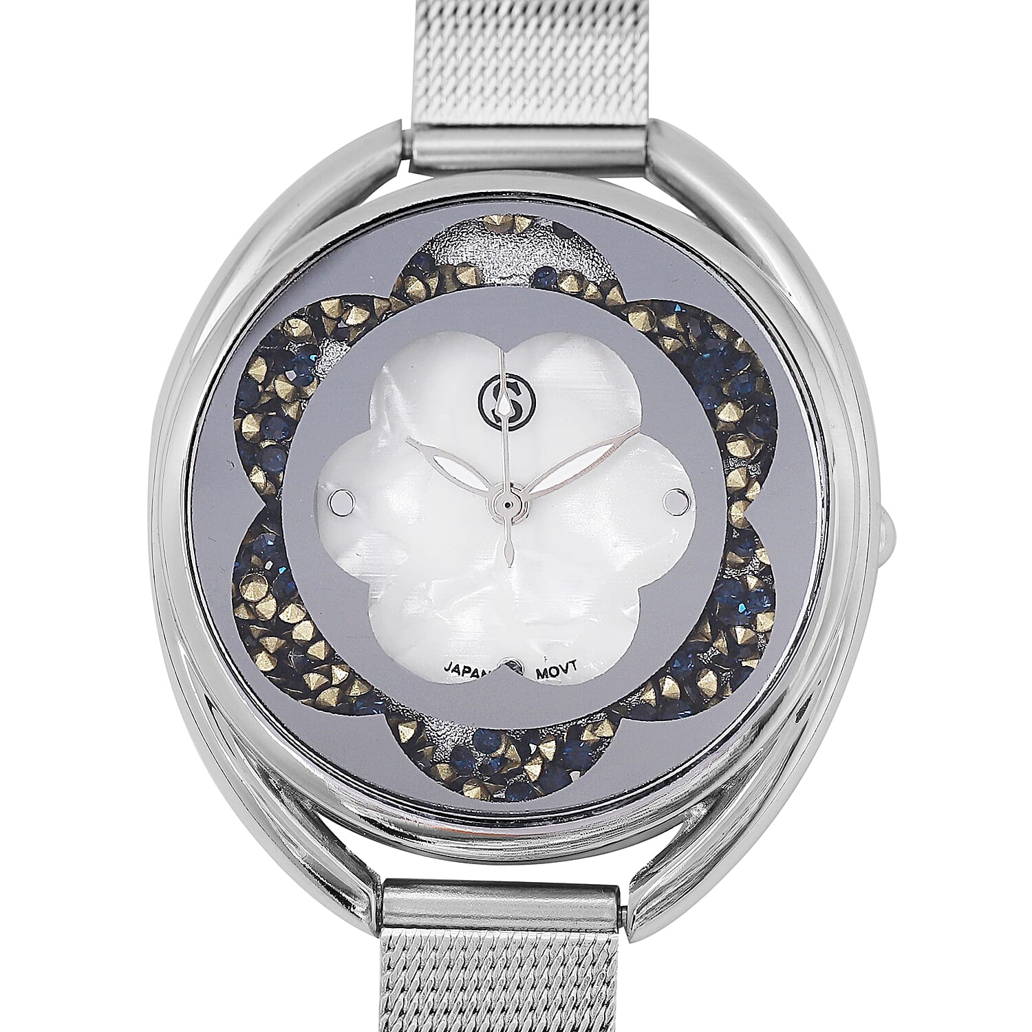 STRADA Japanese Movement White Dial Blue Crystal Studded Water Resistant Watch with Silver Colour Mesh Belt