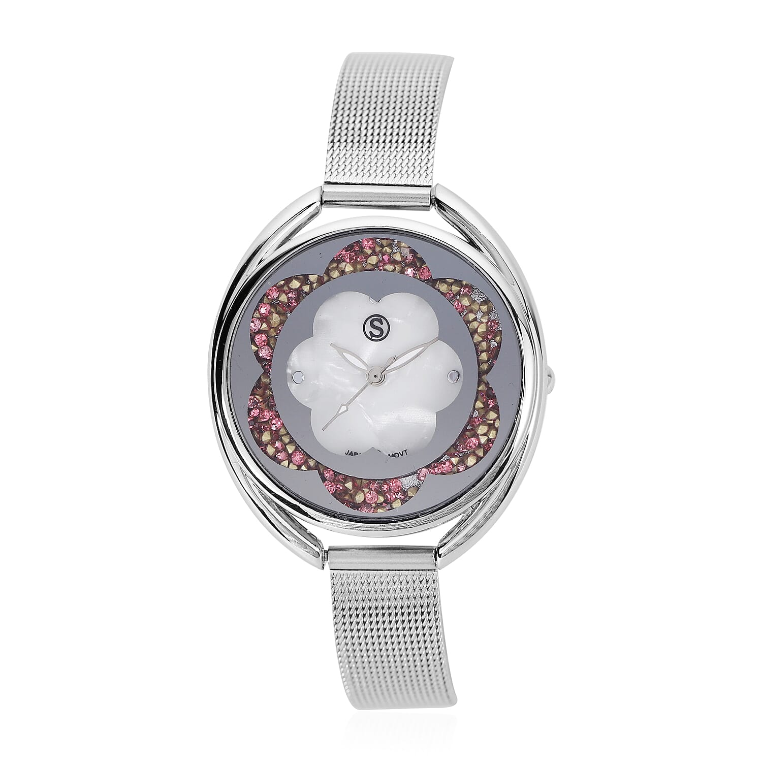STRADA Japanese Movement White Dial Pink Crystal Studded Water Resistant Watch with Silver Colour Mesh Belt