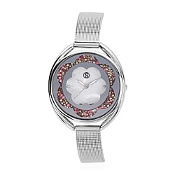 STRADA Japanese Movement White Dial Pink Crystal Studded Water Resistant Watch with Silver Colour Mesh Belt