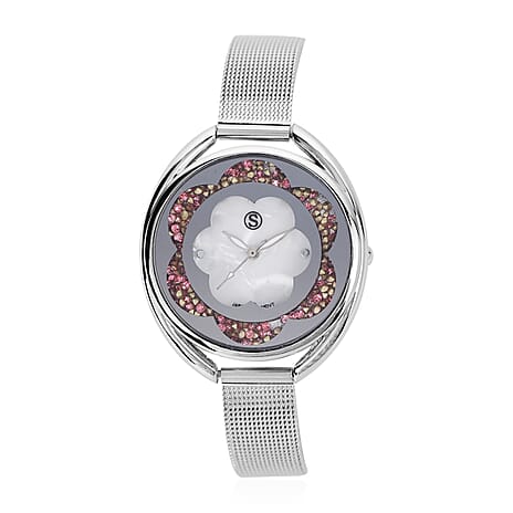 STRADA Japanese Movement White Dial Pink Crystal Studded Water Resistant Watch with Silver Colour Mesh Belt