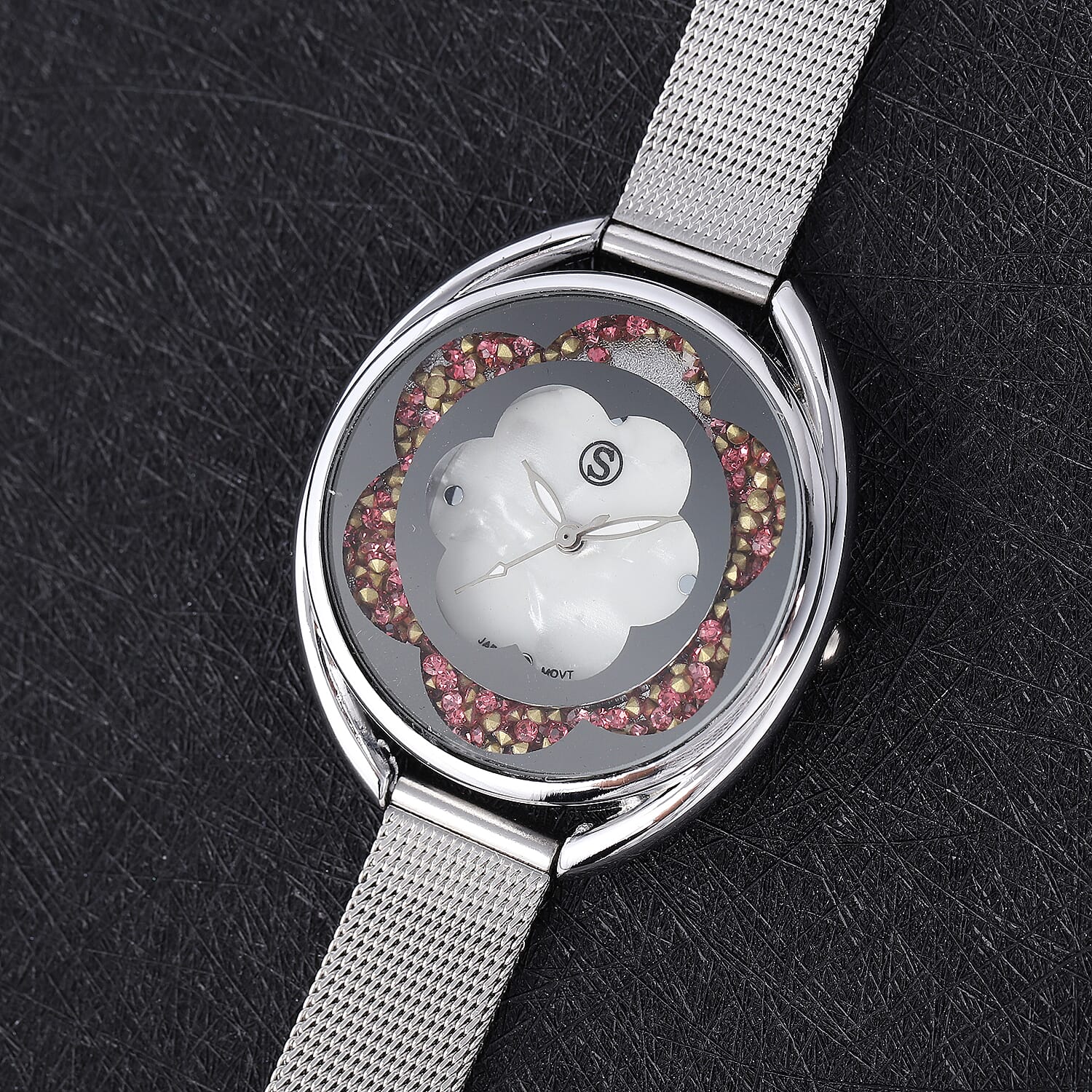 STRADA Japanese Movement White Dial Pink Crystal Studded Water Resistant Watch with Silver Colour Mesh Belt