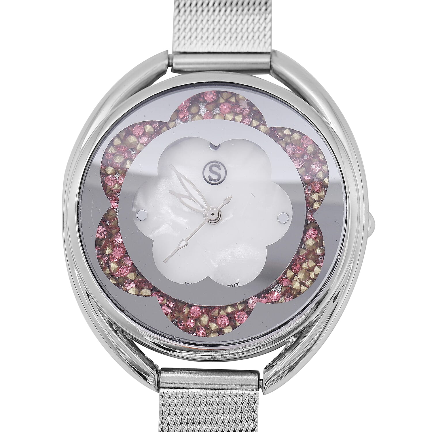 STRADA Japanese Movement White Dial Pink Crystal Studded Water Resistant Watch with Silver Colour Mesh Belt