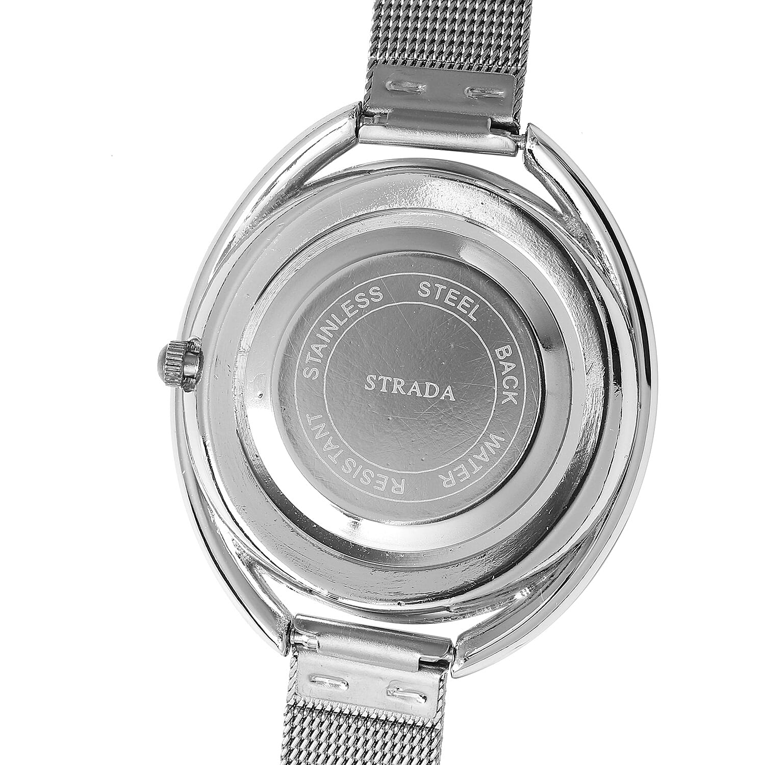 STRADA Japanese Movement White Dial Pink Crystal Studded Water Resistant Watch with Silver Colour Mesh Belt