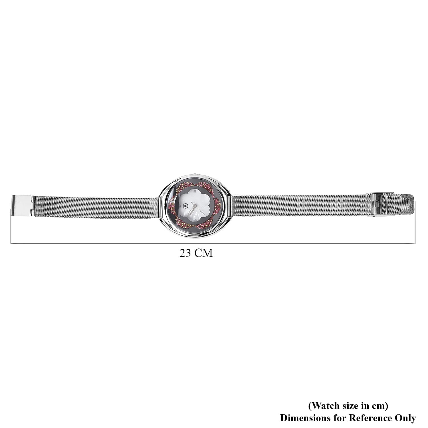 STRADA Japanese Movement White Dial Pink Crystal Studded Water Resistant Watch with Silver Colour Mesh Belt