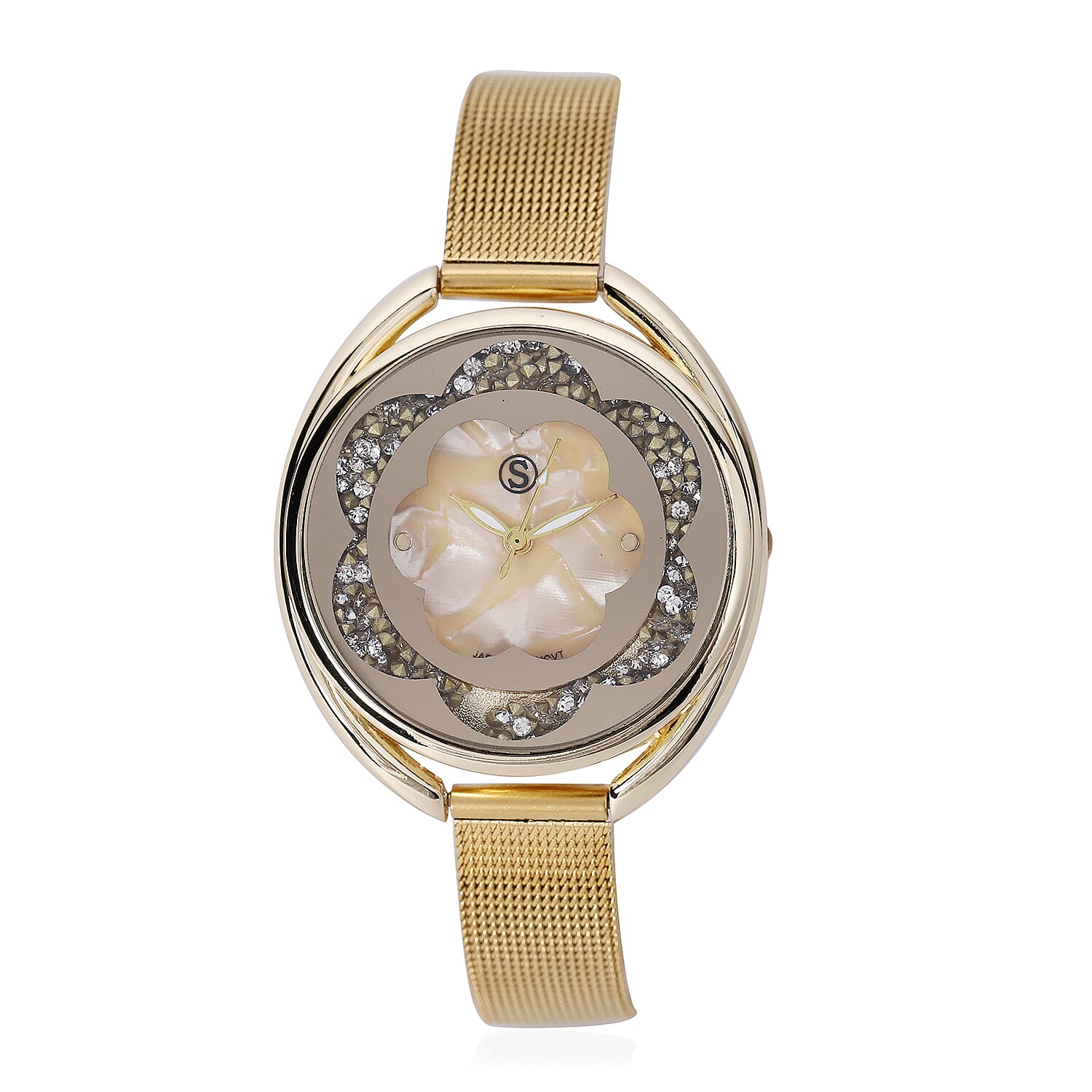 STRADA Japanese Movement Light Golden Dial White Crystal Studded Water Resistant Watch with Yellow Gold Colour Mesh Belt