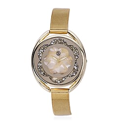STRADA Japanese Movement Light Golden Dial White Crystal Studded Water Resistant Watch with Yellow Gold Colour Mesh Belt