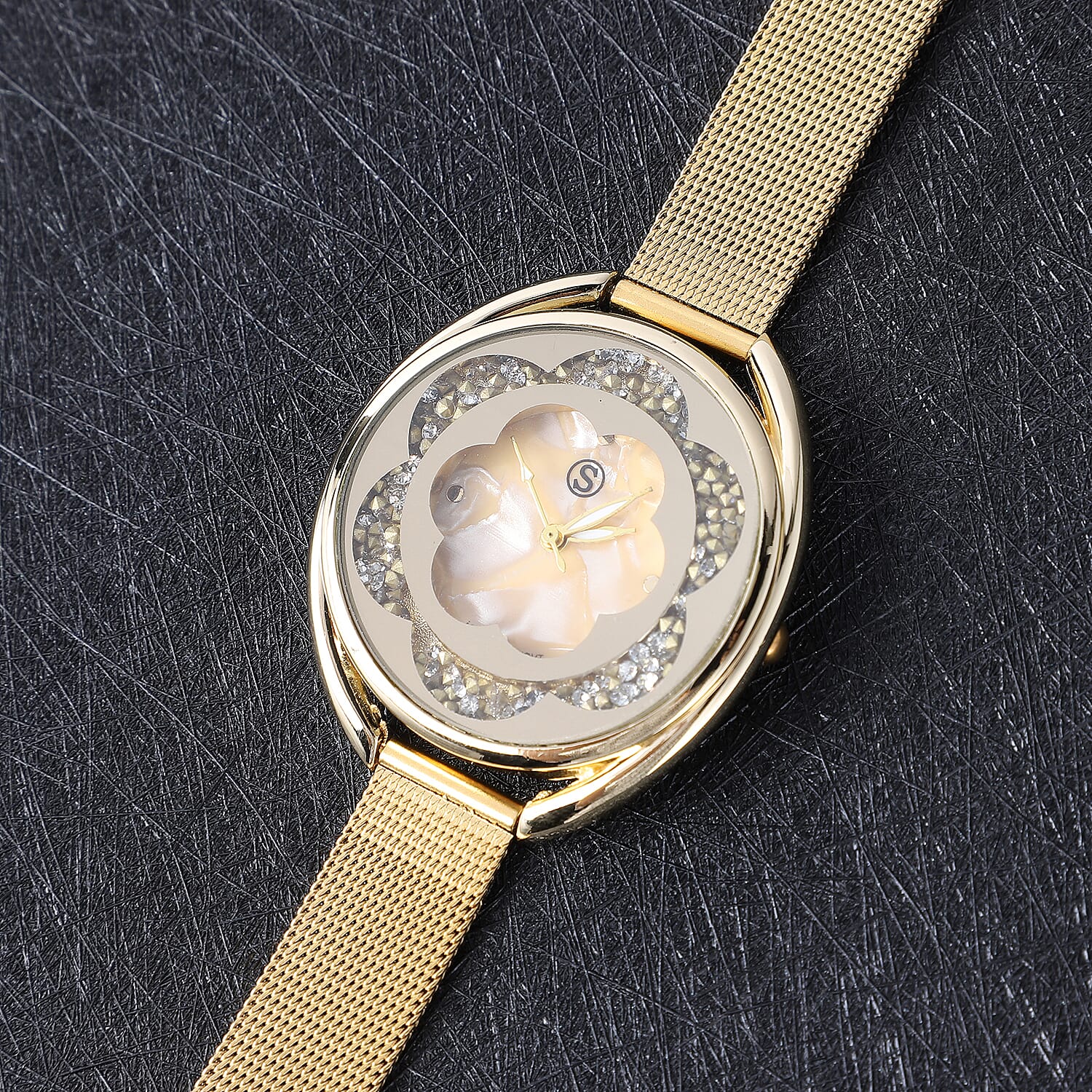 STRADA Japanese Movement Light Golden Dial White Crystal Studded Water Resistant Watch with Yellow Gold Colour Mesh Belt