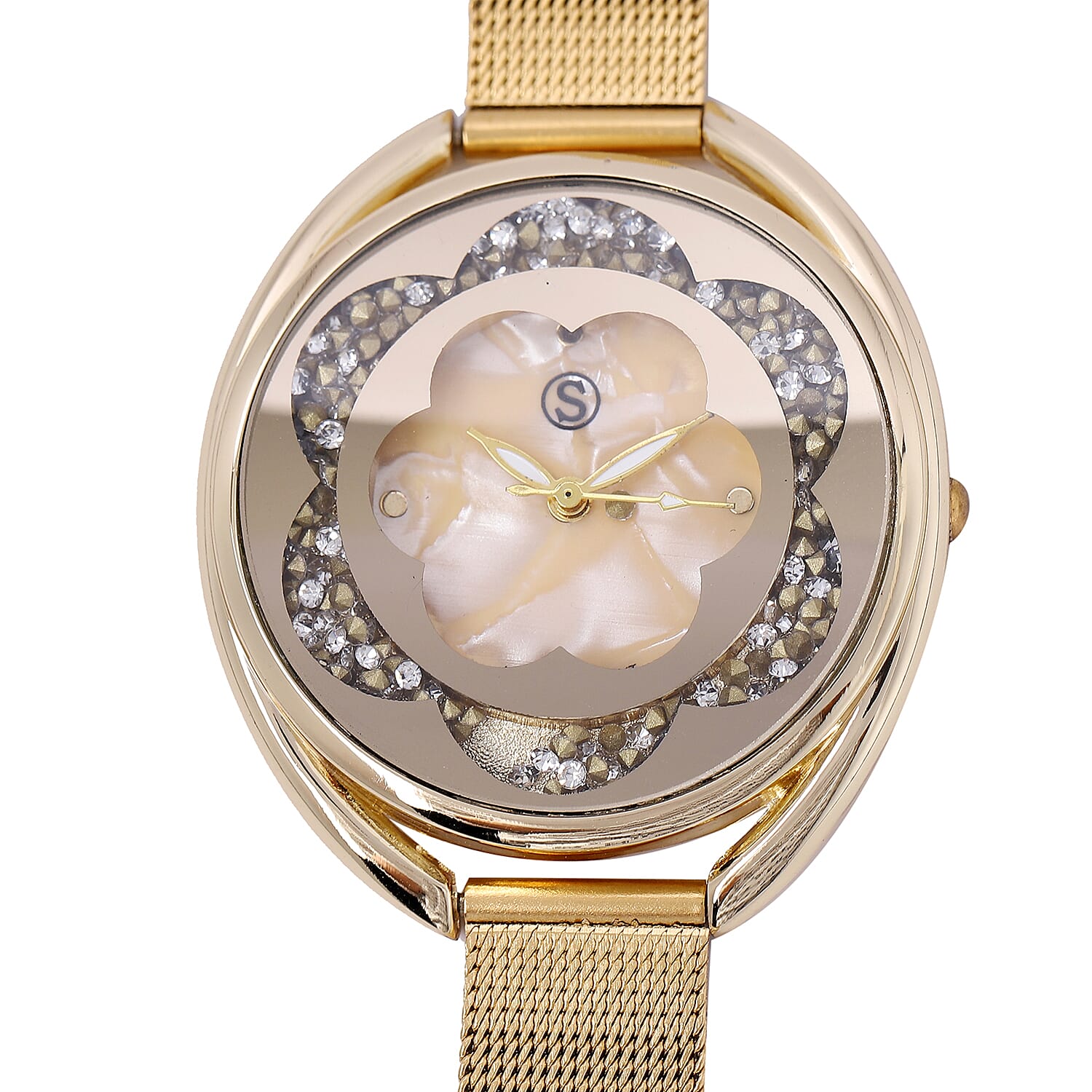 STRADA Japanese Movement Light Golden Dial White Crystal Studded Water Resistant Watch with Yellow Gold Colour Mesh Belt