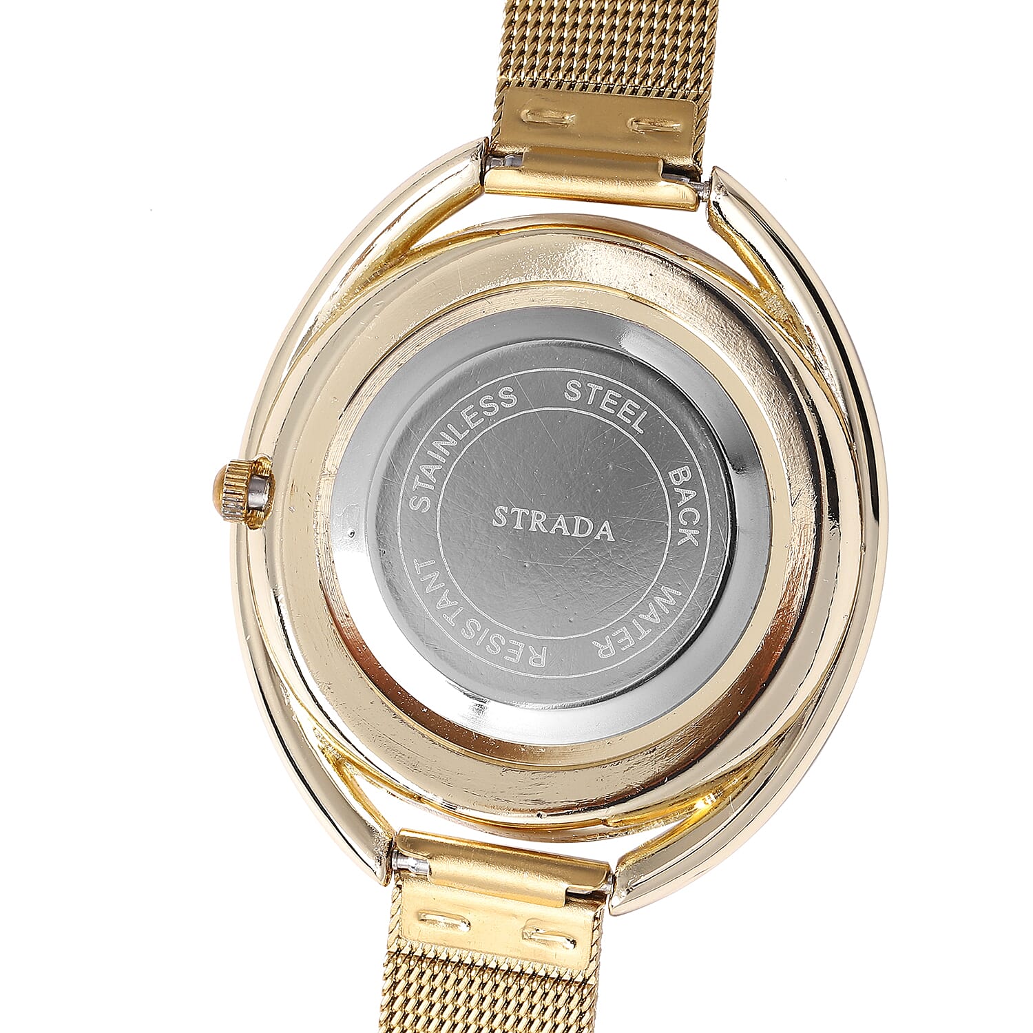 STRADA Japanese Movement Light Golden Dial White Crystal Studded Water Resistant Watch with Yellow Gold Colour Mesh Belt