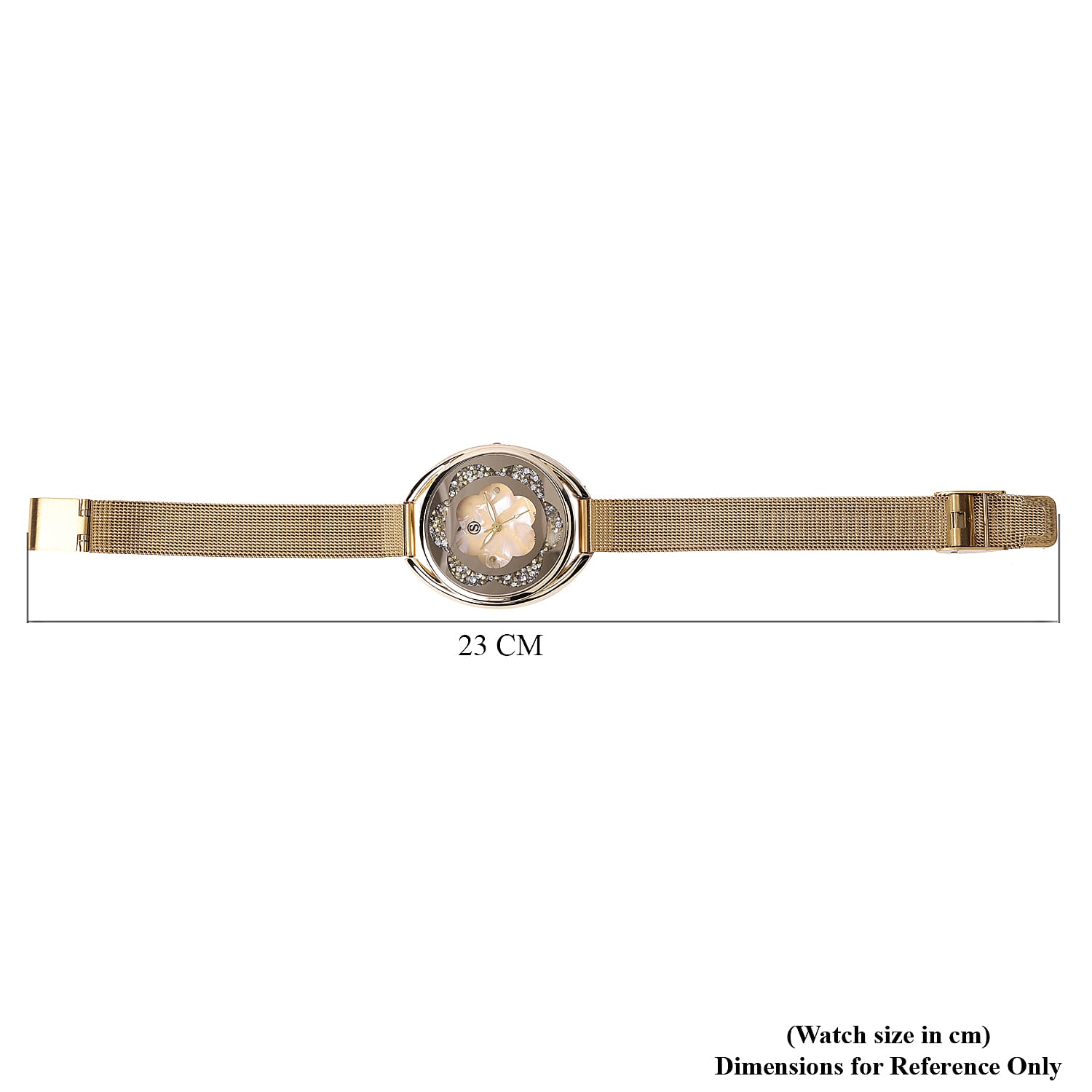 STRADA Japanese Movement Light Golden Dial White Crystal Studded Water Resistant Watch with Yellow Gold Colour Mesh Belt
