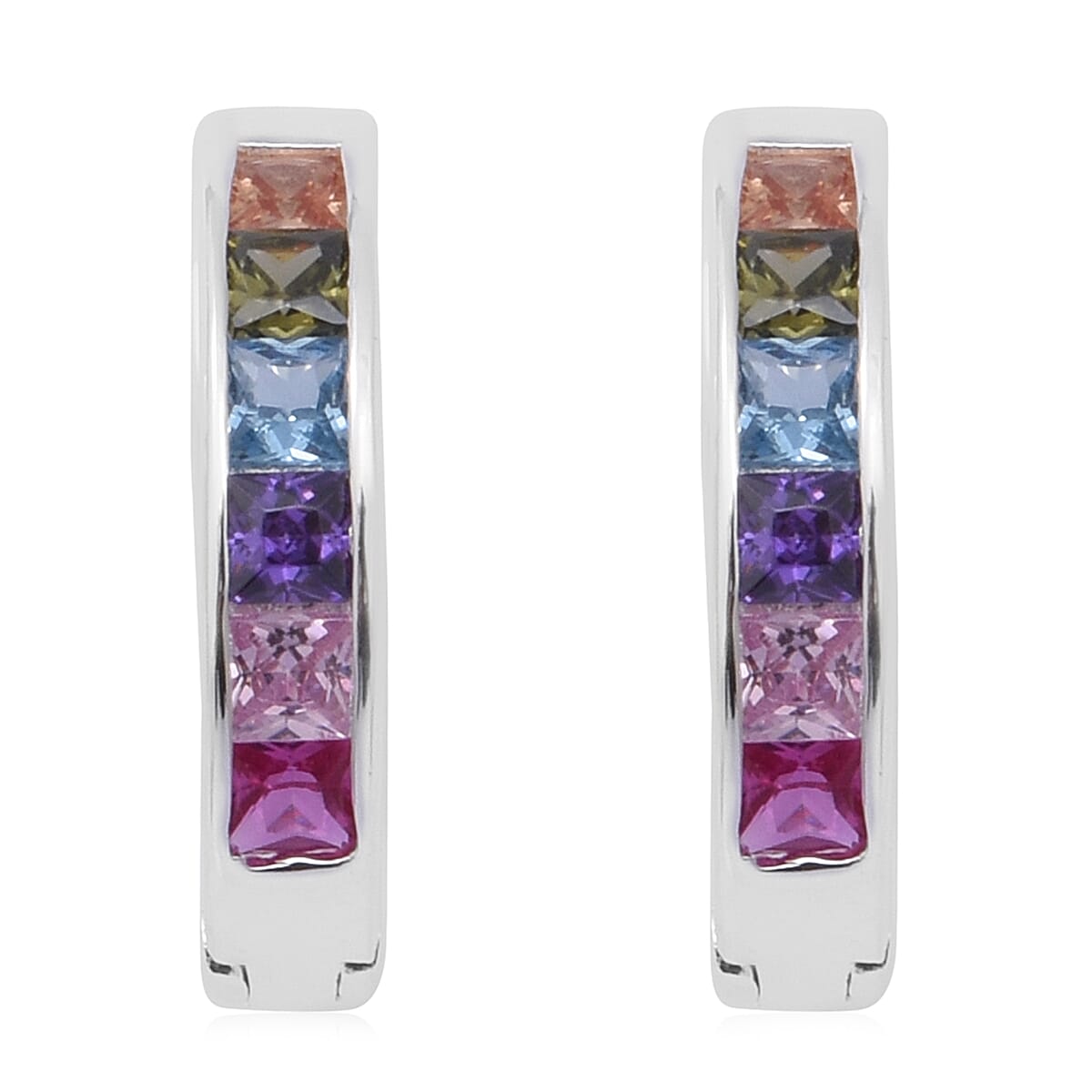 Multi Colour Rainbow Cubic Zirconia Hoop Earrings (with Clasp) in Rhodium Overlay Sterling Silver