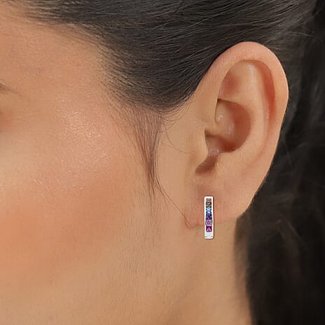 Multi Colour Rainbow Cubic Zirconia Hoop Earrings (with Clasp) in Rhodium Overlay Sterling Silver