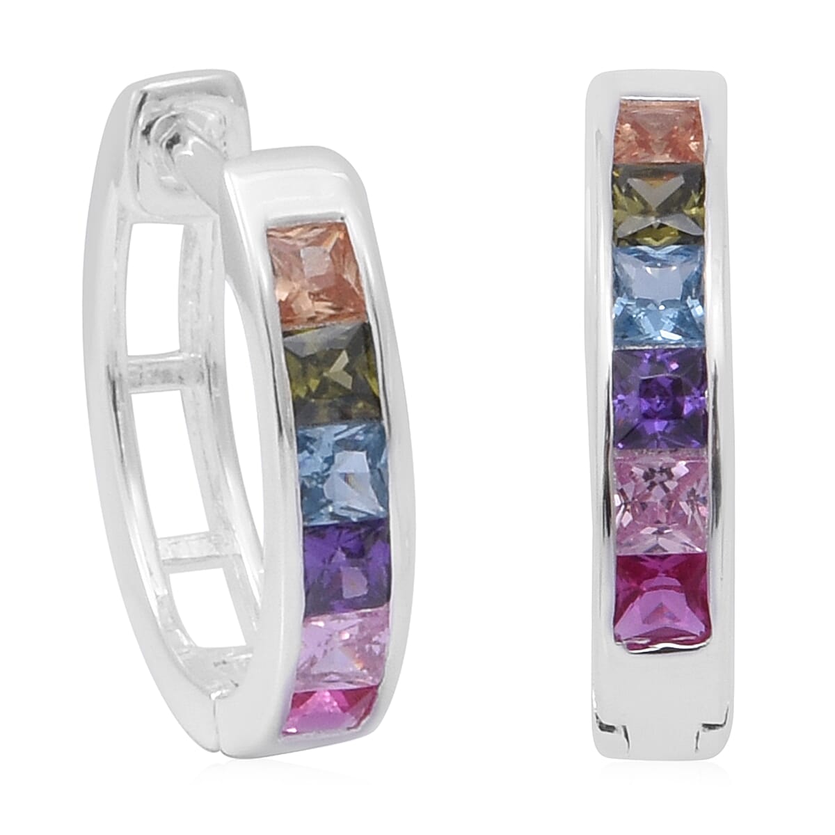 Multi Colour Rainbow Cubic Zirconia Hoop Earrings (with Clasp) in Rhodium Overlay Sterling Silver