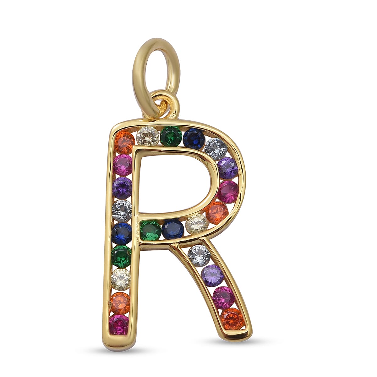 ELANZA Simulated Rainbow Sapphire Initial R Pendant in Yellow Gold Overlay Sterling Silver
