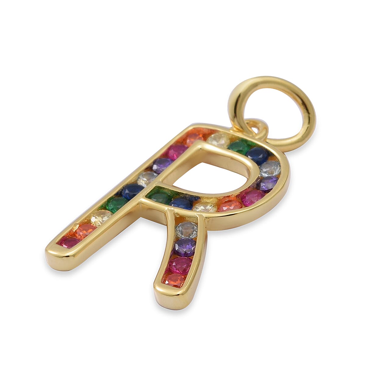 ELANZA Simulated Rainbow Sapphire Initial R Pendant in Yellow Gold Overlay Sterling Silver