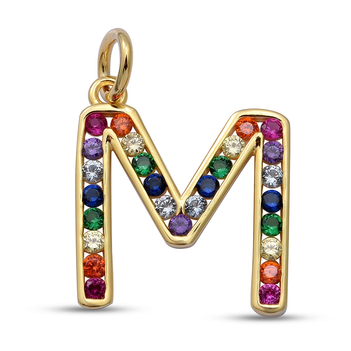 ELANZA Simulated Rainbow Sapphire Initial M Pendant in Yellow Gold Overlay Sterling Silver