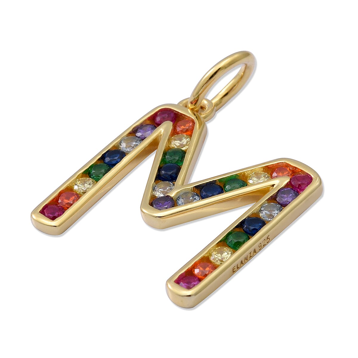 ELANZA Simulated Rainbow Sapphire Initial M Pendant in Yellow Gold Overlay Sterling Silver