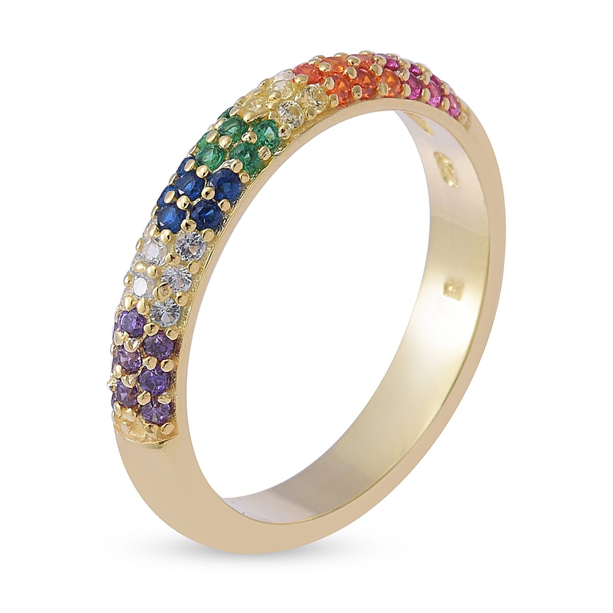 ELANZA Simulated Rainbow Sapphire Half Eternity Ring in Yellow Gold Overlay Sterling Silver