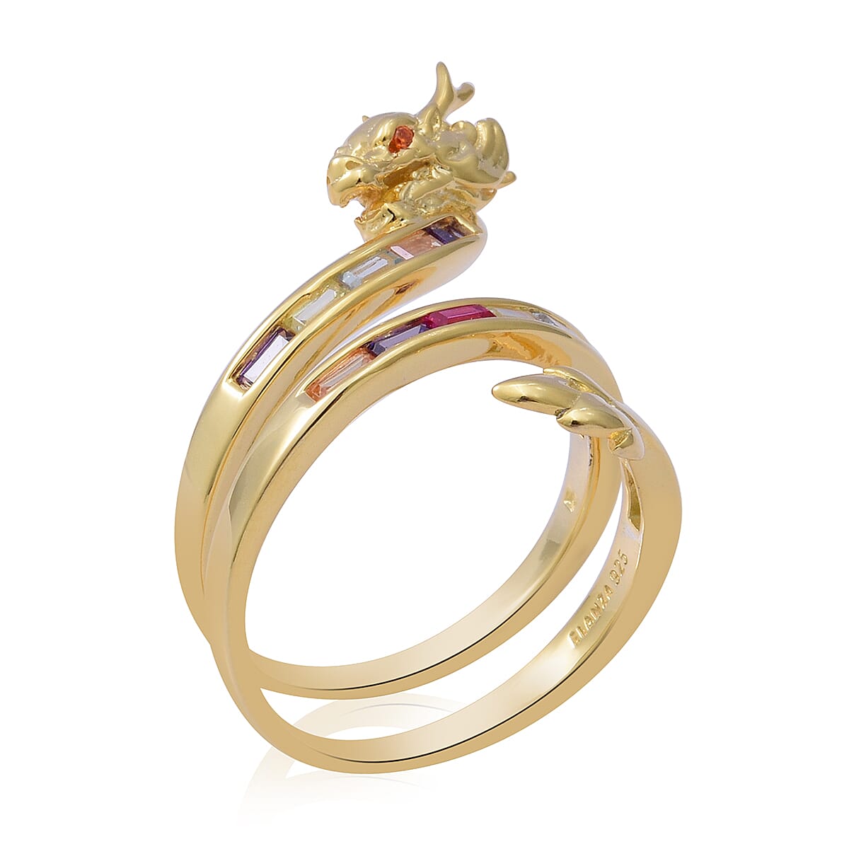 ELANZA Simulated Rainbow Sapphire Dragon Ring in Yellow Gold Overlay Sterling Silver