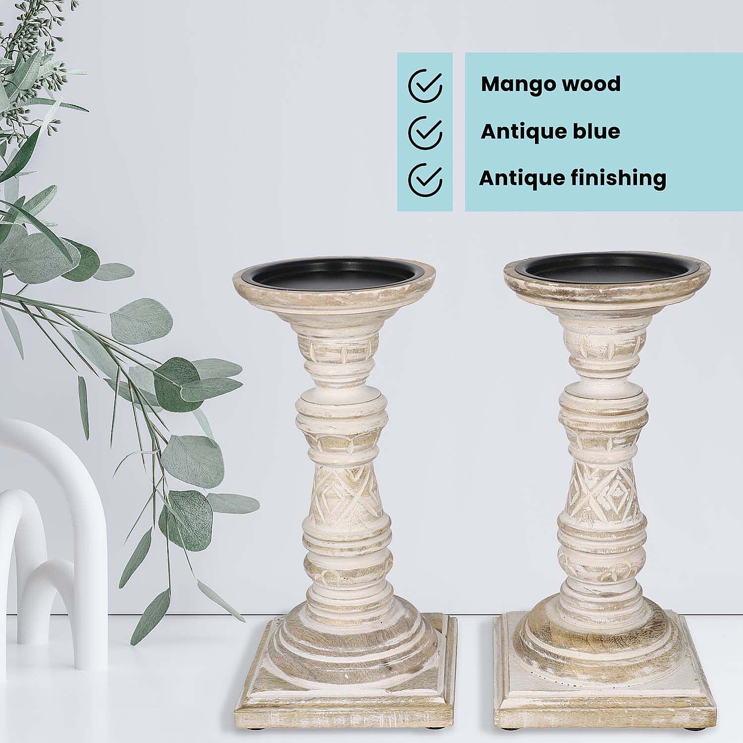 Set of 2 - Antique Carved Wooden Candle Holders - White