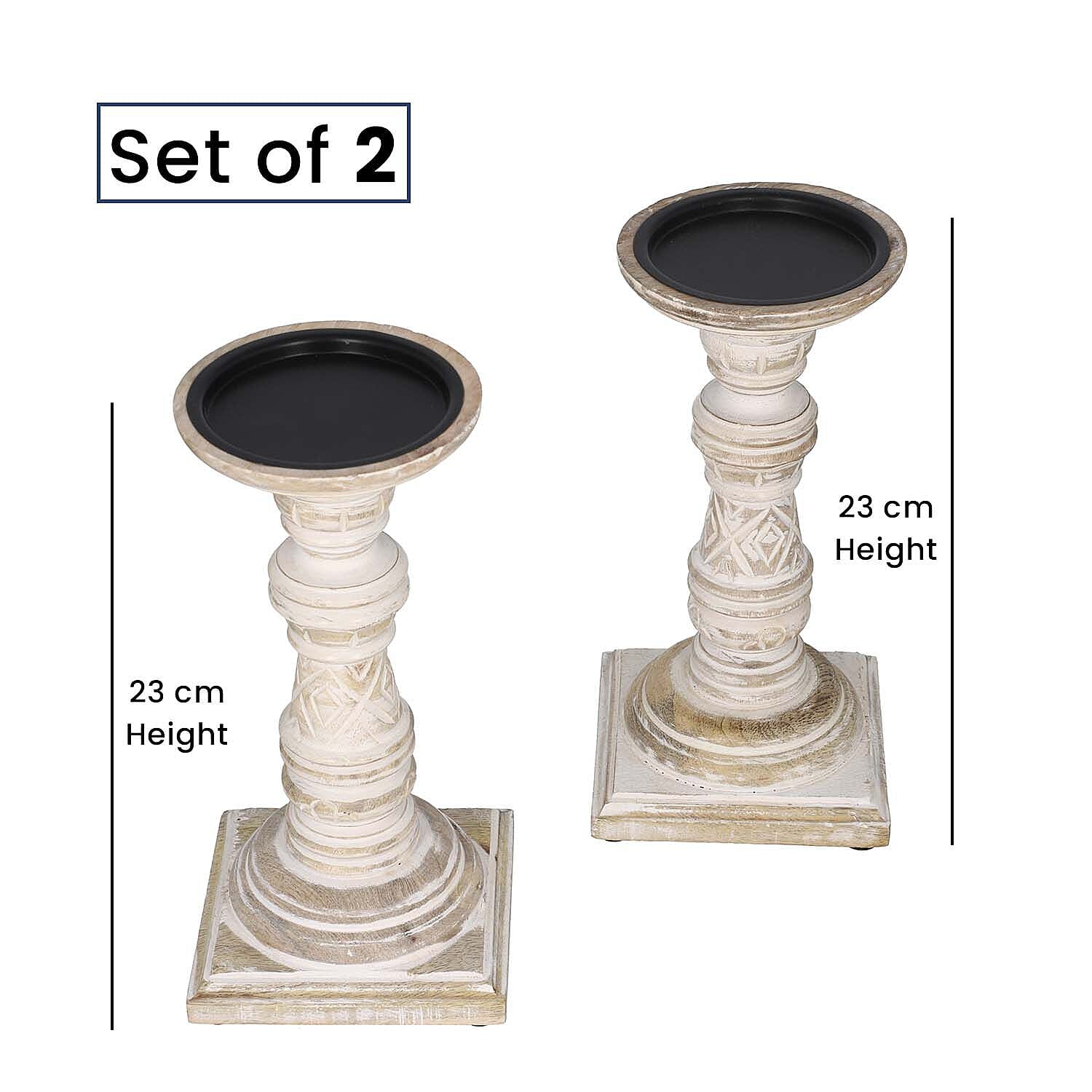 Set of 2 - Antique Carved Wooden Candle Holders - White