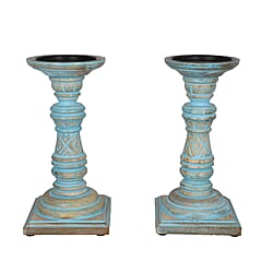 Set of 2 - Antique Carved Wooden Candle Holders - Blue