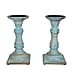 Set of 2 - Antique Carved Wooden Candle Holders - Blue
