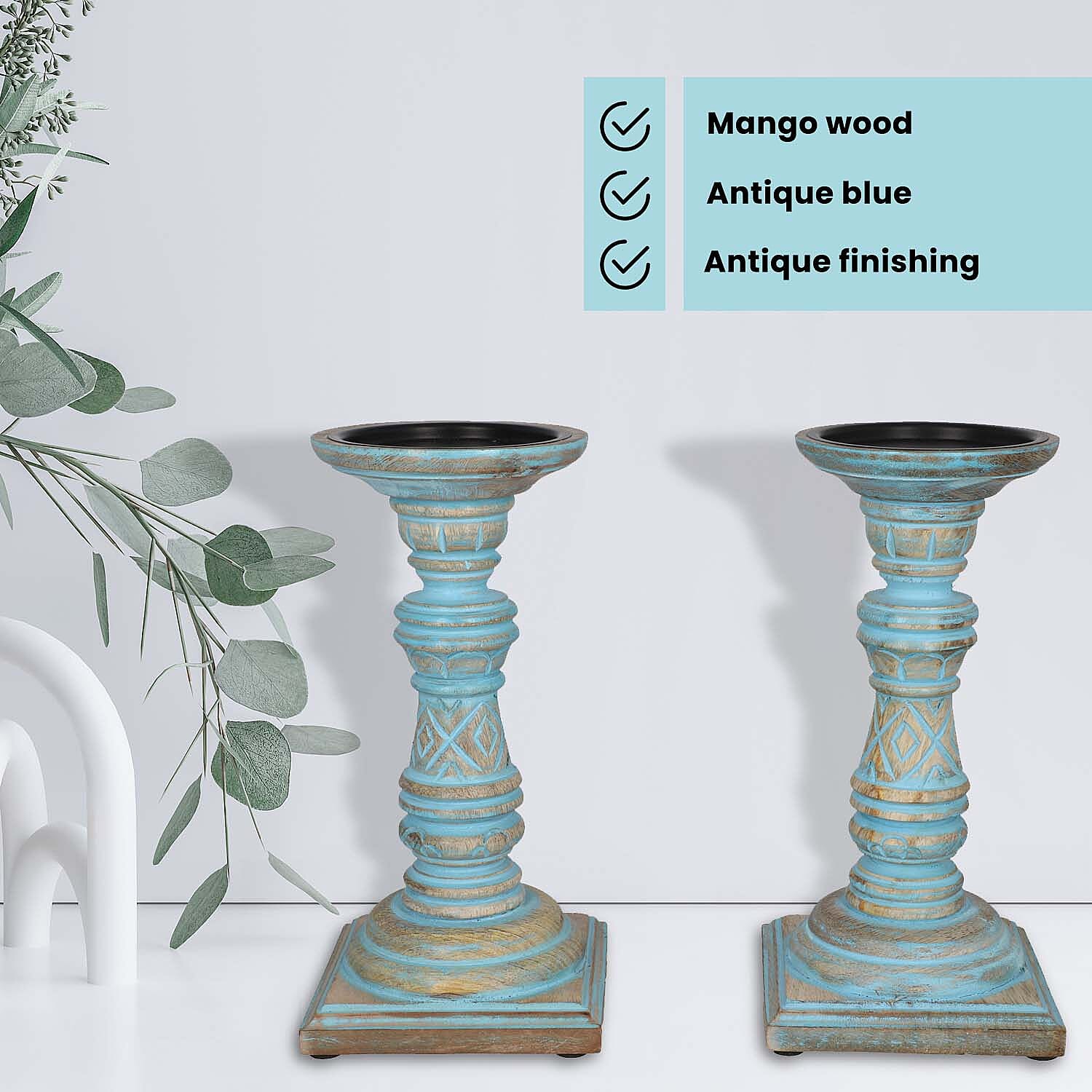 Set of 2 - Antique Wooden Candle Holders