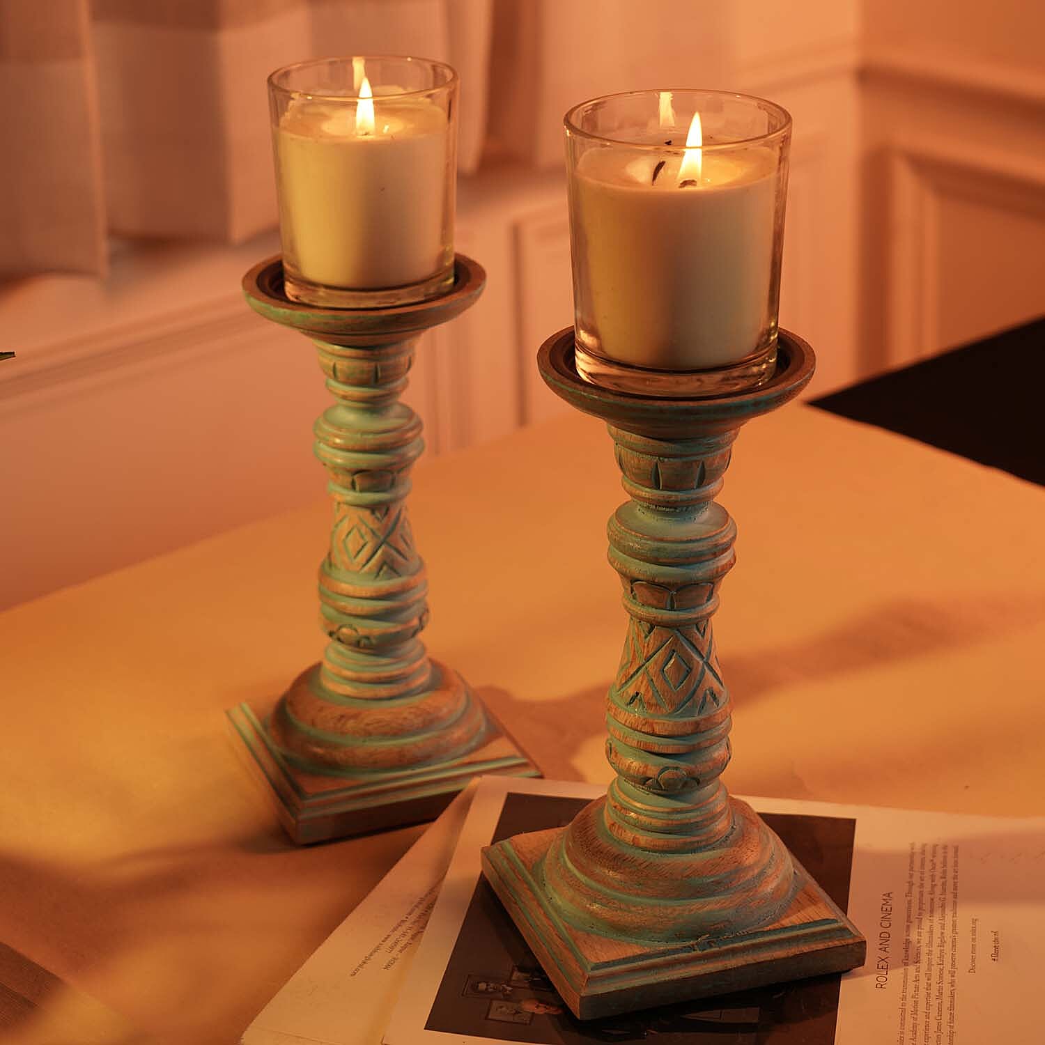 Set of 2 - Antique Wooden Candle Holders