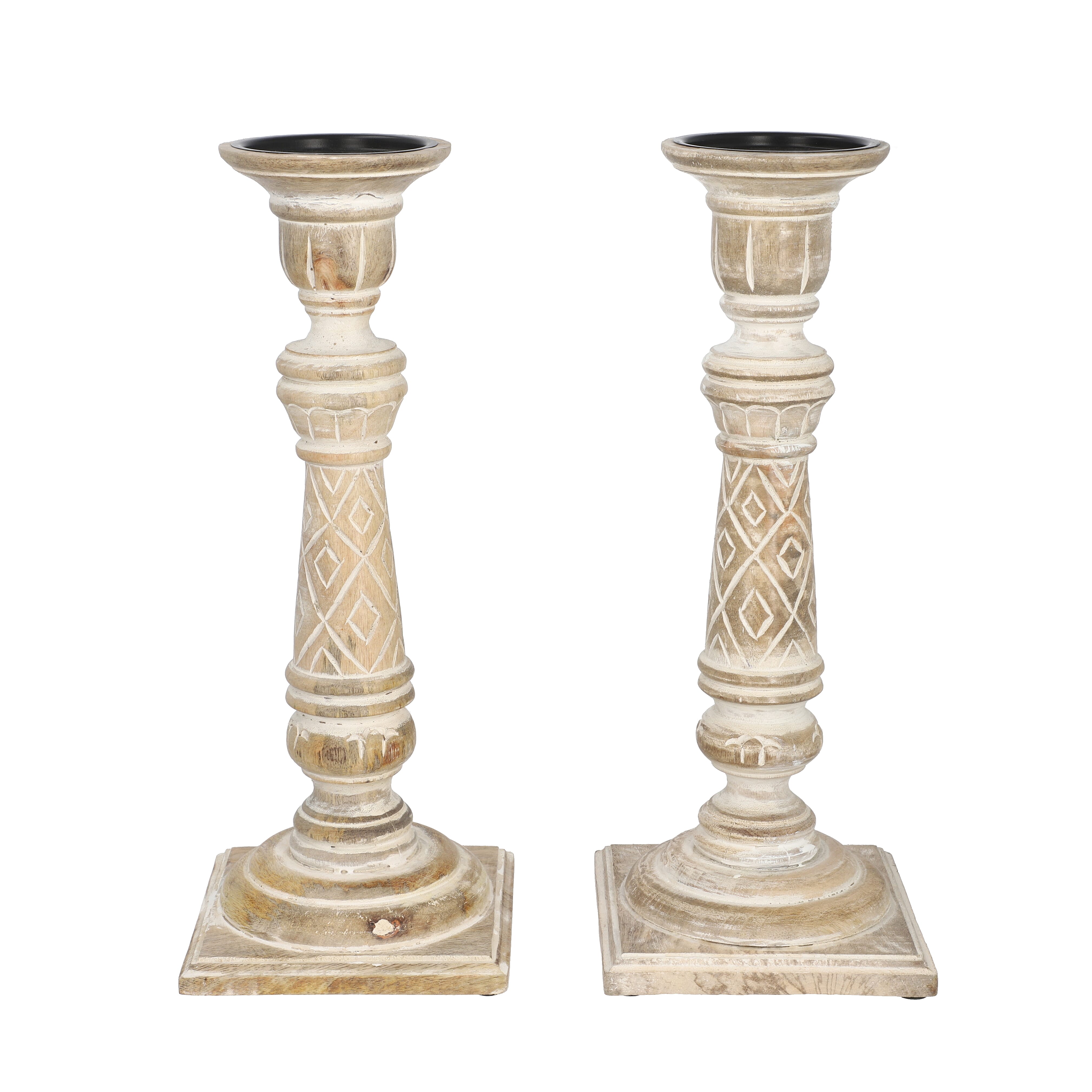 Set of 2 - Antique Carved wooden Candel Holders - White