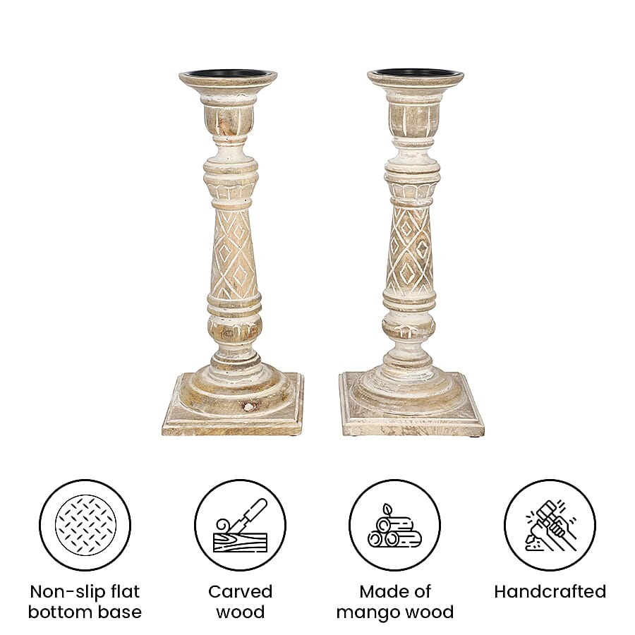 Set of 2 - Antique Carved wooden Candel Holders - White