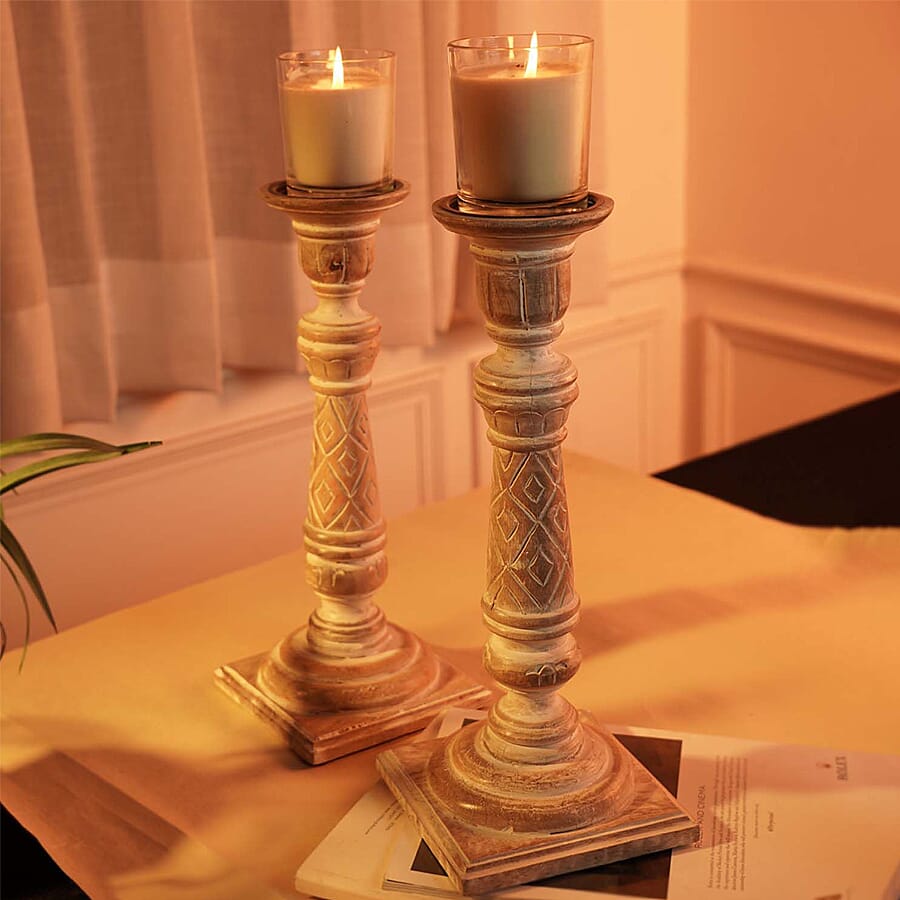 Set of 2 - Antique Carved wooden Candel Holders - White