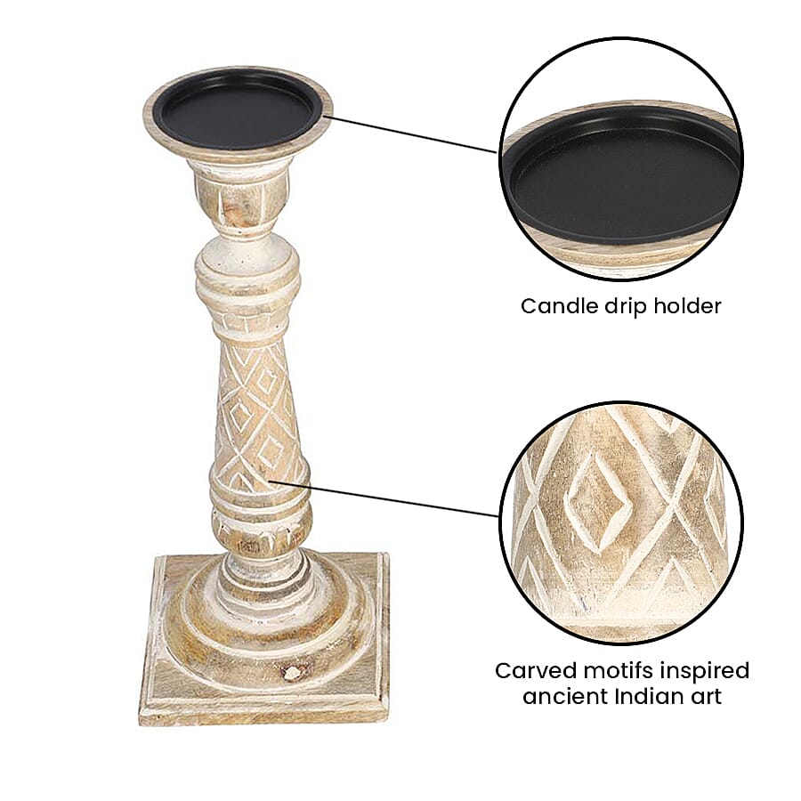 Set of 2 - Antique Carved wooden Candel Holders - White