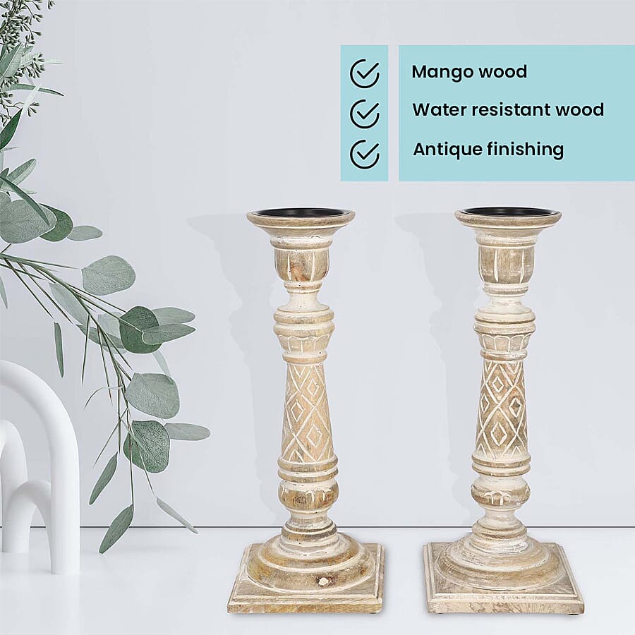 Set of 2 - Antique Carved wooden Candel Holders - White