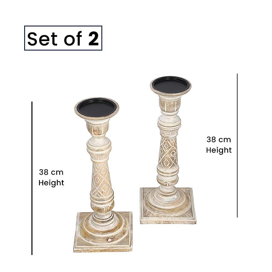 Set of 2 - Antique Carved wooden Candel Holders - White