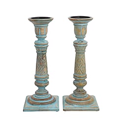 Set of 2 - Antique Carved wooden Candel Holders - Blue