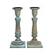 Set of 2 - Antique Carved wooden Candel Holders - Blue