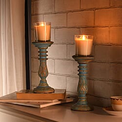 Set of 2 - Antique Carved Wooden Candle Holders - Sky Blue