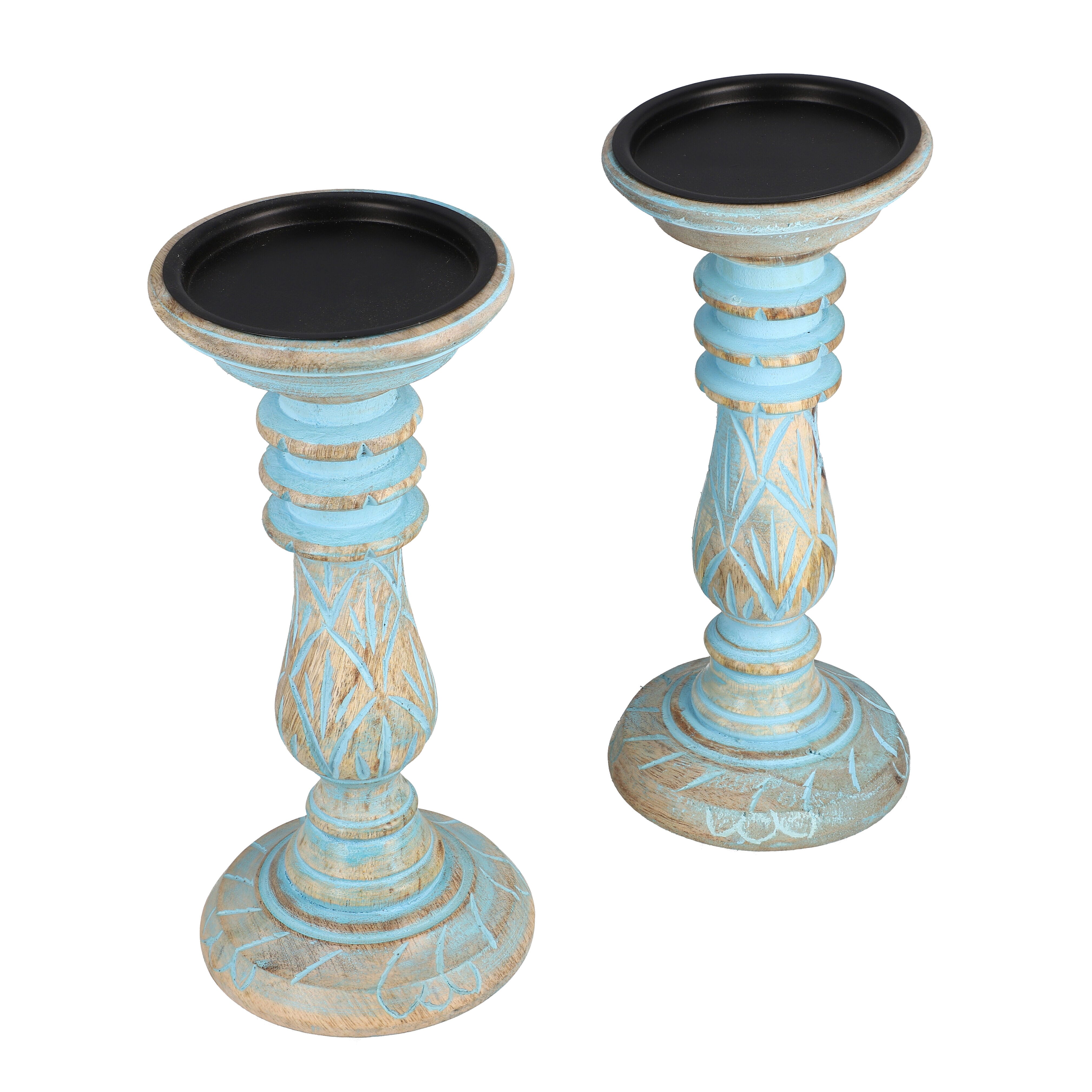 Set of 2 - Antique Carved Wooden Candle Holders - Sky Blue