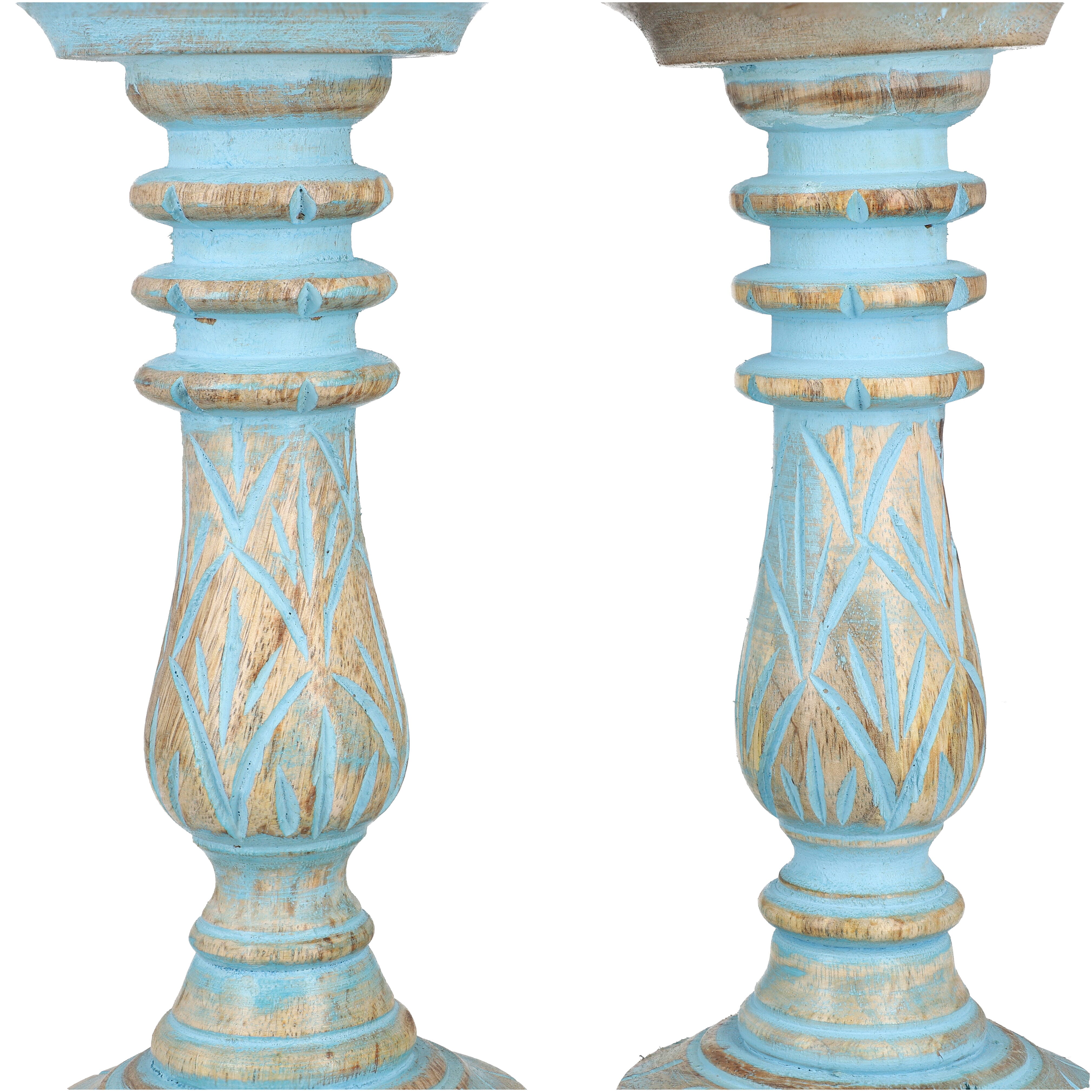 Set of 2 - Antique Carved Wooden Candle Holders - Sky Blue
