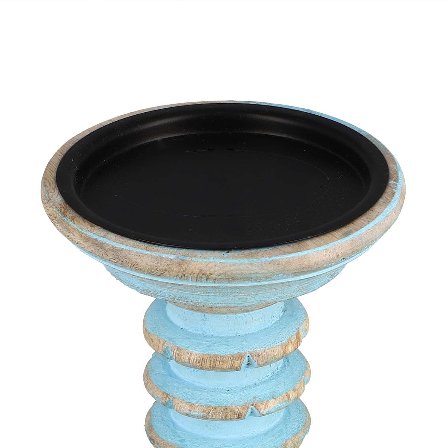 Set of 2 - Antique Carved Wooden Candle Holders - Sky Blue