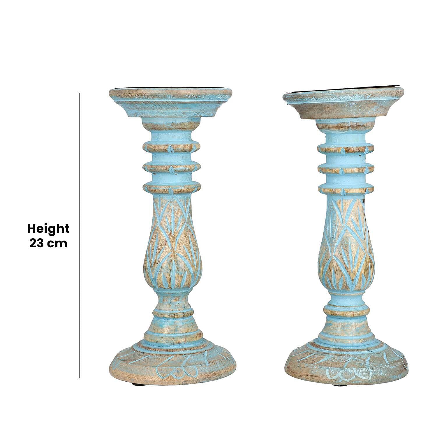 Set of 2 - Antique Carved Wooden Candle Holders - Sky Blue