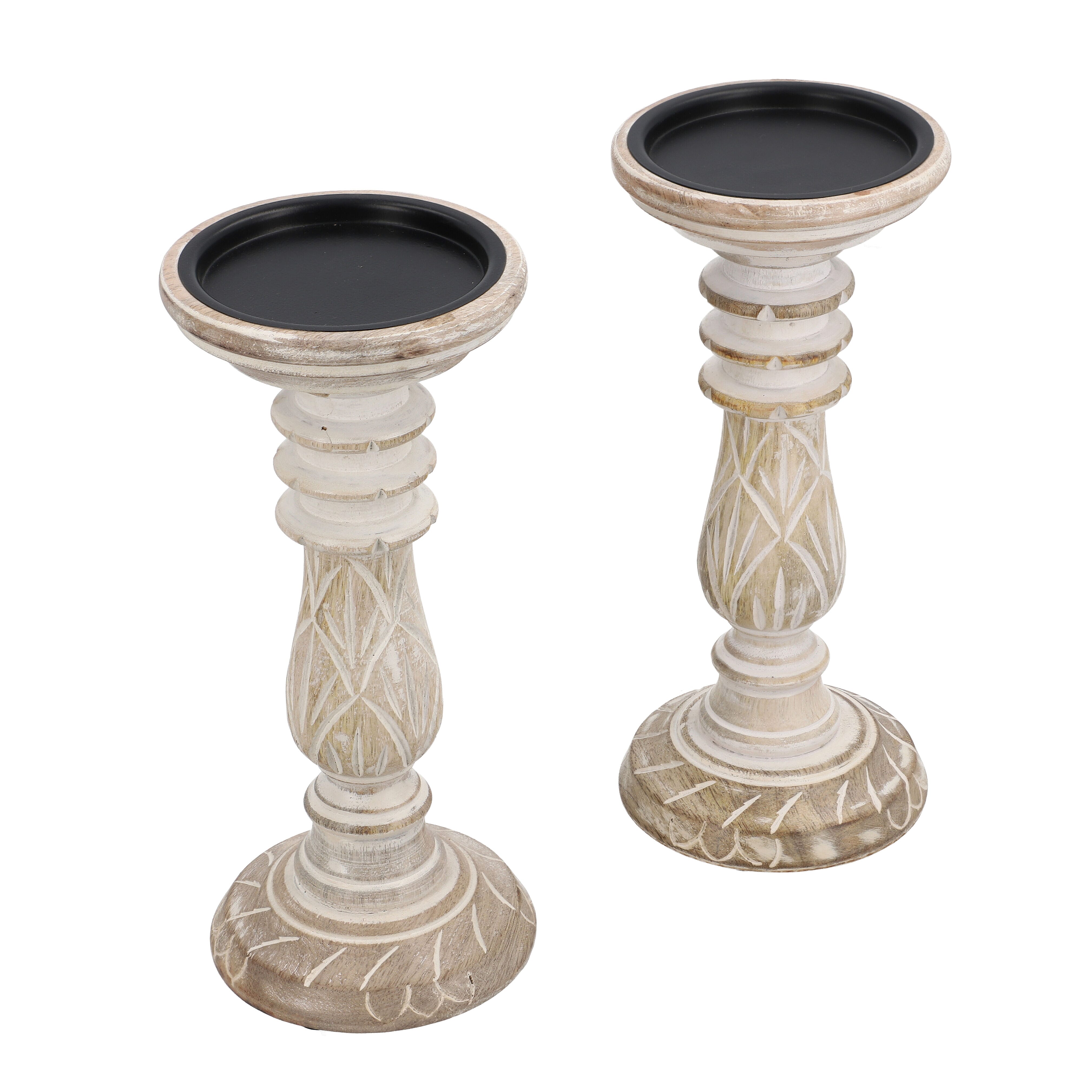 Set of 2 - Antique Carved Wooden Candle Holders - White