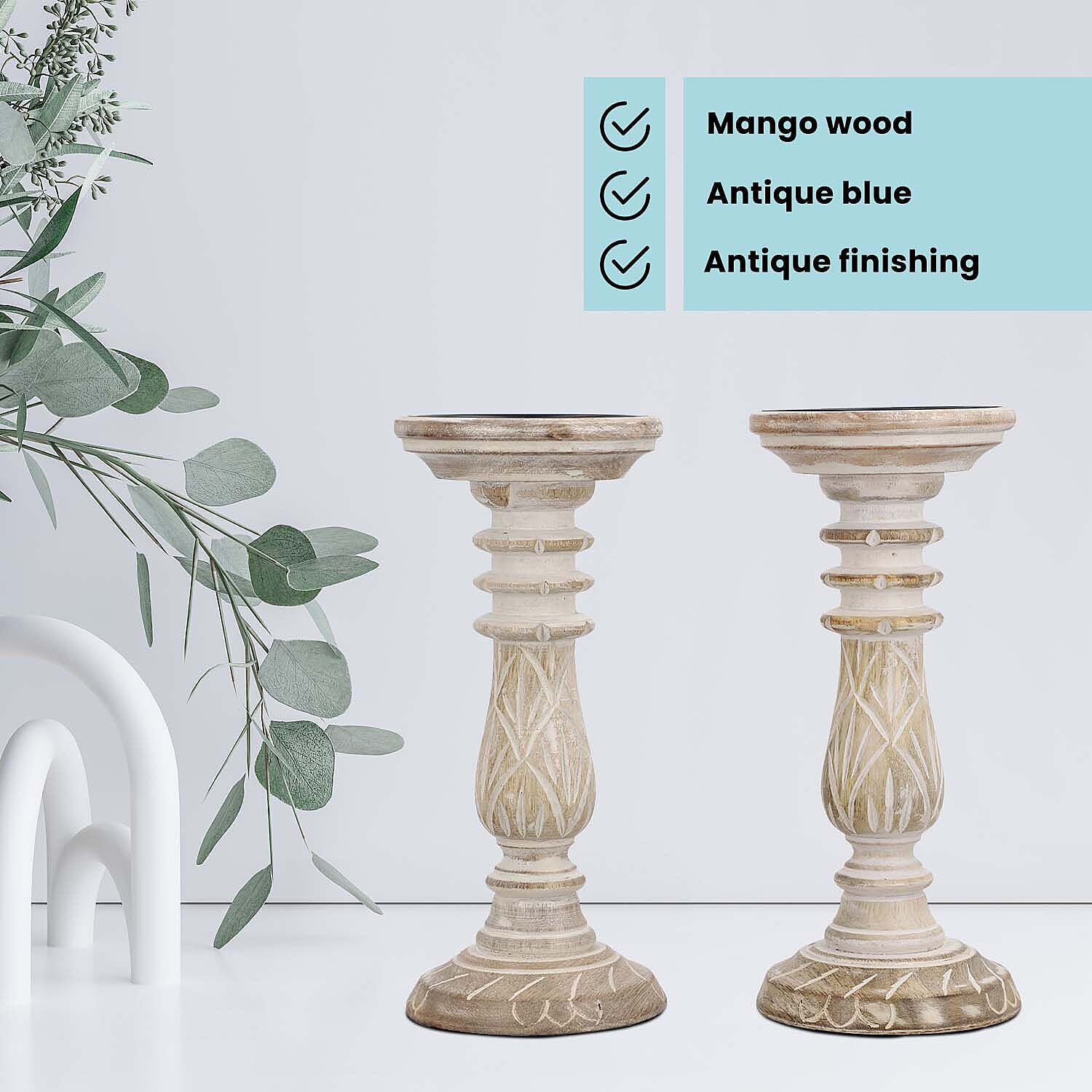 Set of 2 - Antique Carved Wooden Candle Holders - White