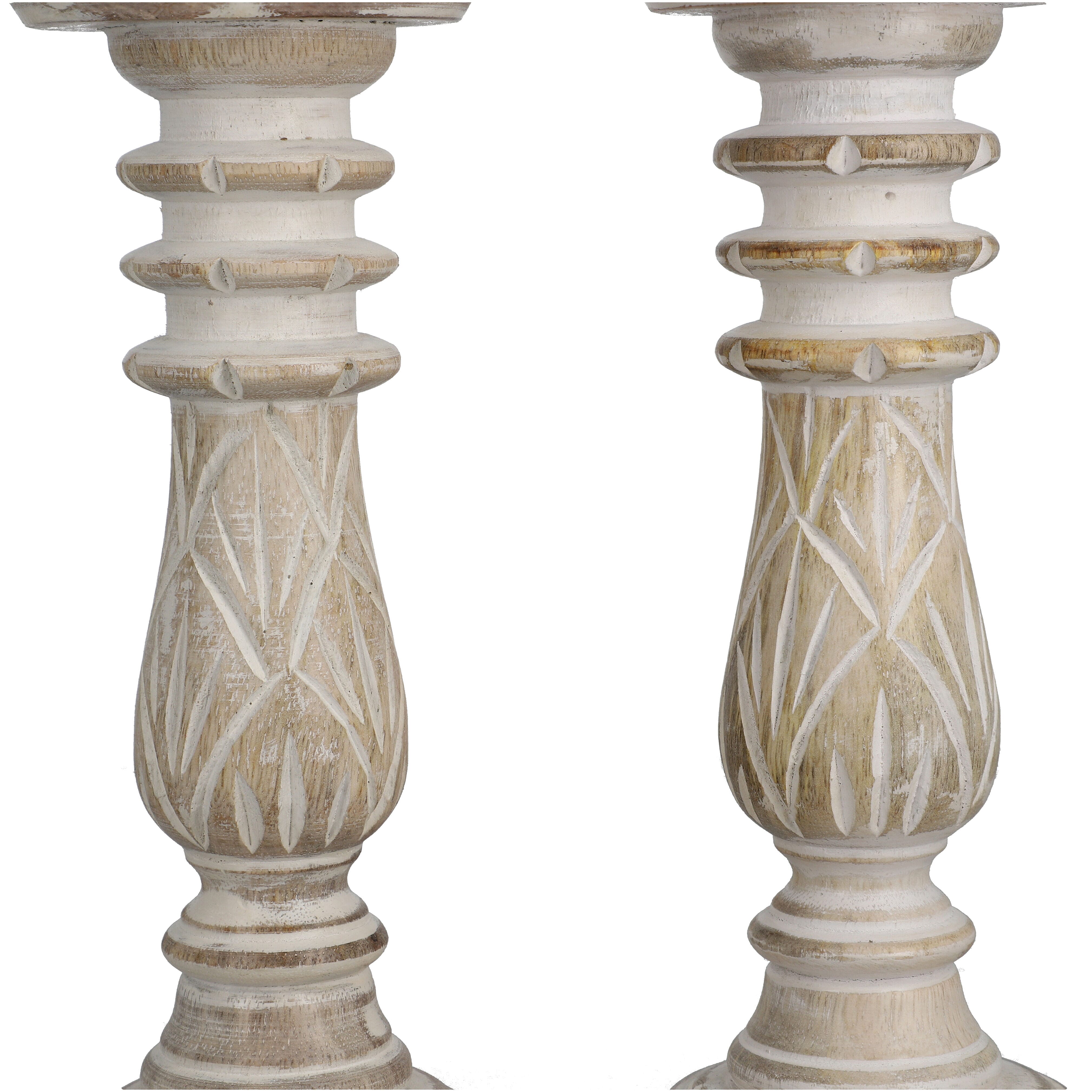Set of 2 - Antique Carved Wooden Candle Holders - White
