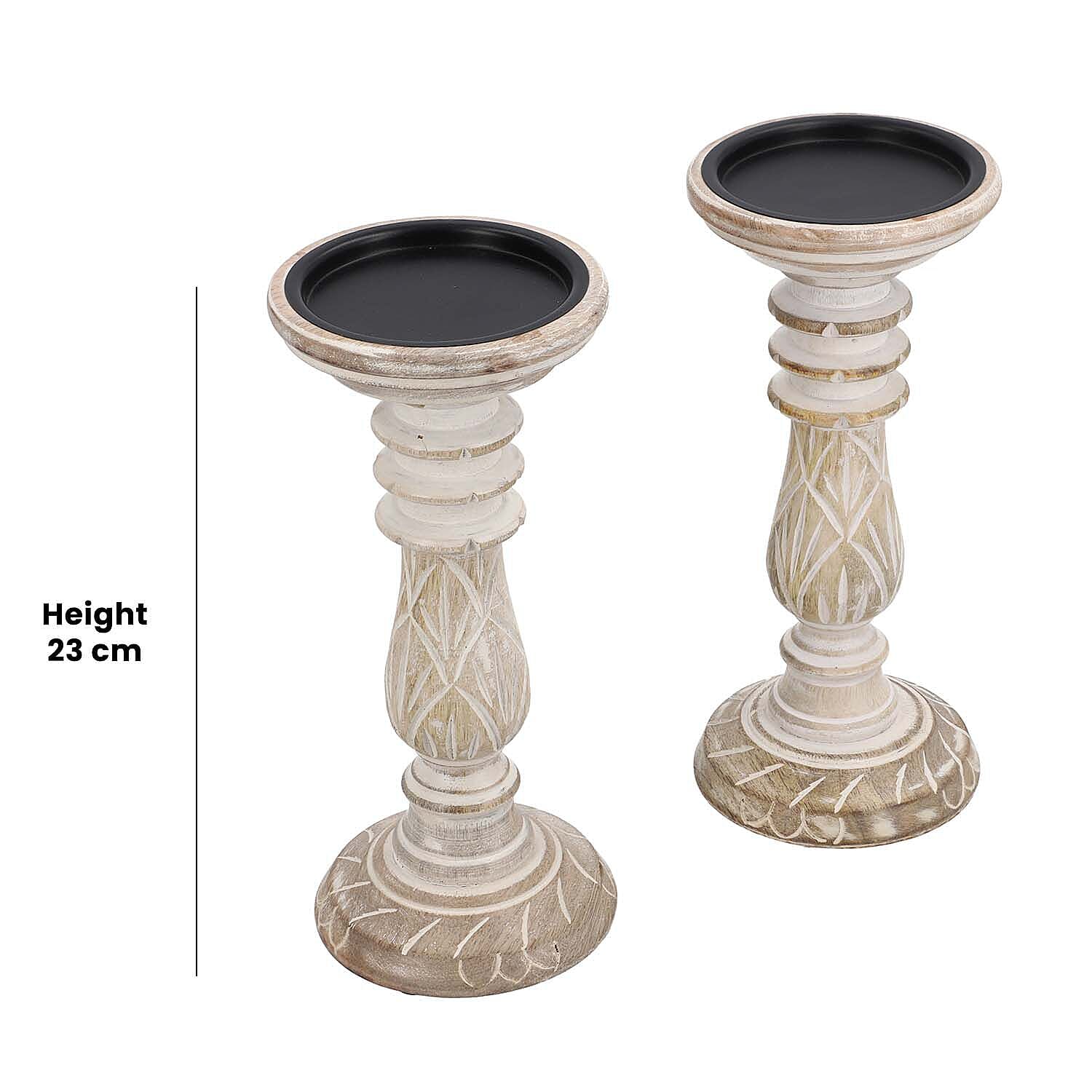 Set of 2 - Antique Carved Wooden Candle Holders - White