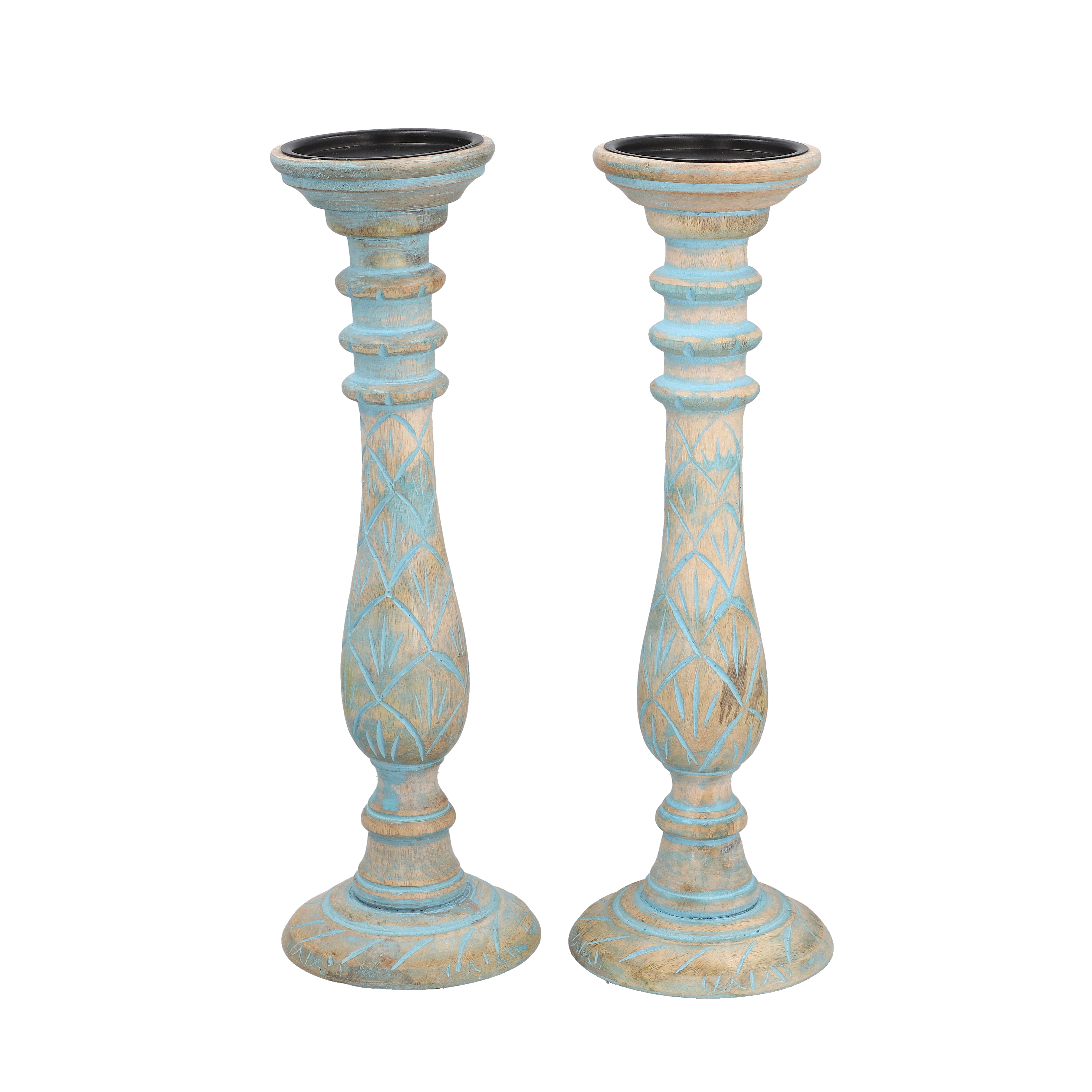 Set of 2 - Antique Carved Wooden Candle Holders - Blue & Brown