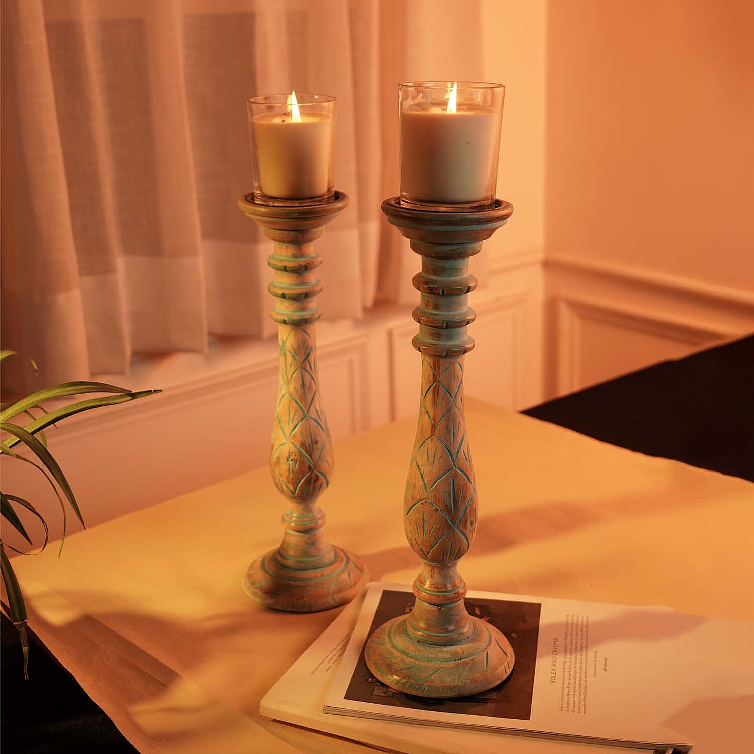 Set of 2 - Antique Carved Wooden Candle Holders - Blue & Brown